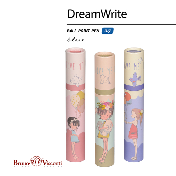 Ручка шариковая 0,7 мм "DreamWrite. Девочка и кролики" в тубусе СИНЯЯ, 3 вида