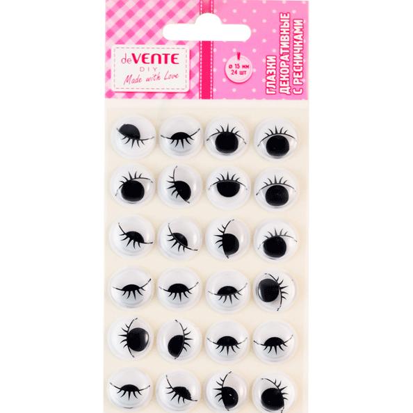 Глазки декоративные "deVENTE" круглые пластиковые, с ресницами, цвет черный, 15 мм, 24 шт.