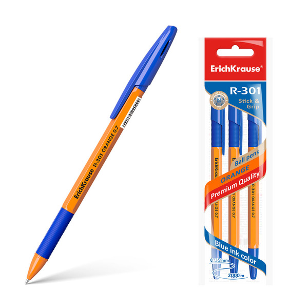 Ручка шариковая 0,7 мм ErichKrause® R-301 Orange Stick&Grip цвет чернил синий (в пакете по 3 шт.)