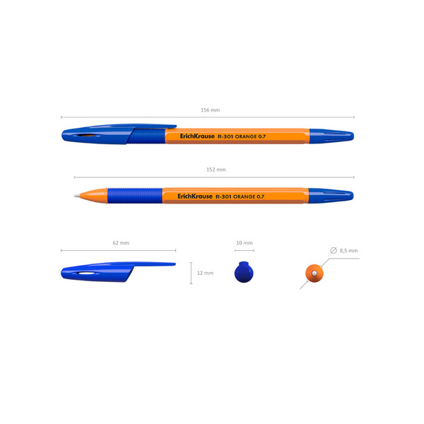 Ручка шариковая 0,7 мм ErichKrause® R-301 Orange Stick&Grip цвет чернил синий (в пакете по 3 шт.)