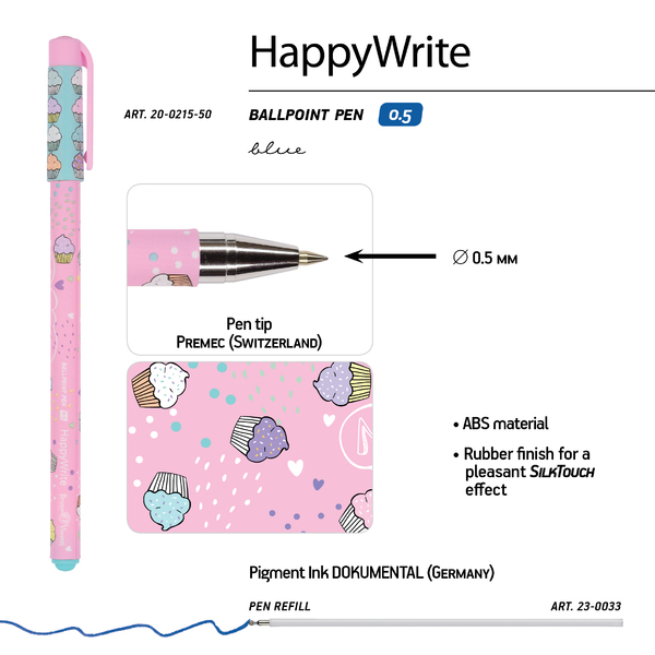 Ручка шариковая 0,5 мм "HappyWrite. My Sweet. Капкейки" СИНЯЯ 