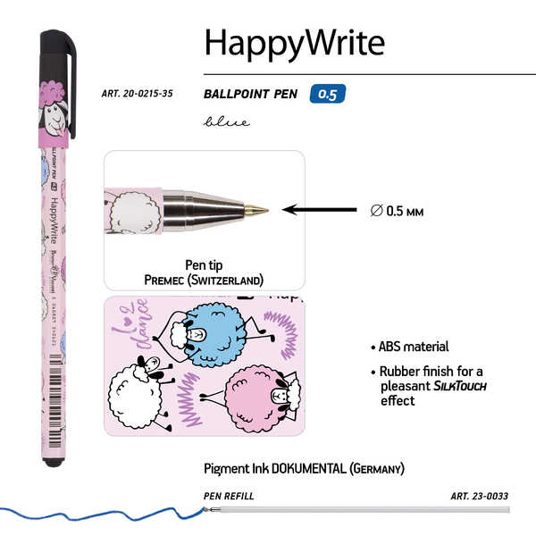 Ручка шариковая 0,5 мм "HappyWrite. Друзья. Овечки" СИНЯЯ 