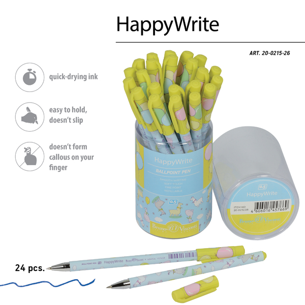 Ручка шариковая 0,5 мм "HappyWrite. Ламы" СИНЯЯ 