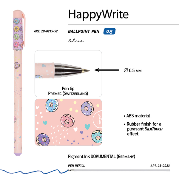 Ручка шариковая 0,5 мм "HappyWrite. My Sweet. Пончики" СИНЯЯ 