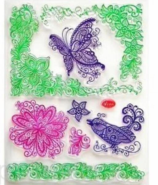 Штампы силиконовые "Цветы, Бабочка и Птица", 14 x 18 см