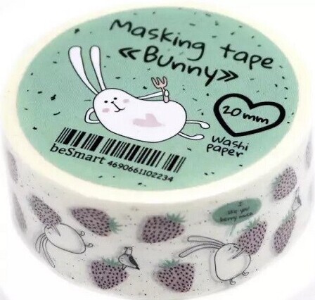 Клейкая лента декоративная Be Smart, "Bunny", клубника 20 мм х 5 м, бумага Washi.