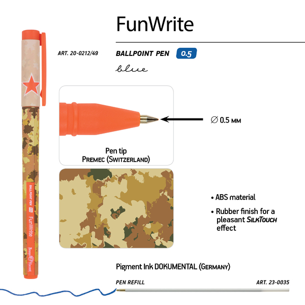 Ручка шариковая 0,5 мм "FunWrite. Military. Sand" СИНЯЯ 