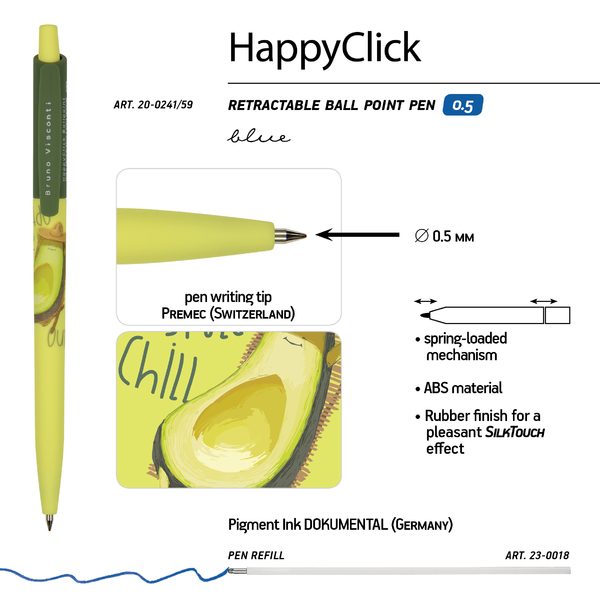 Ручка шариковая 0,5 мм "HappyClick. Avocado style. Chill out" СИНЯЯ