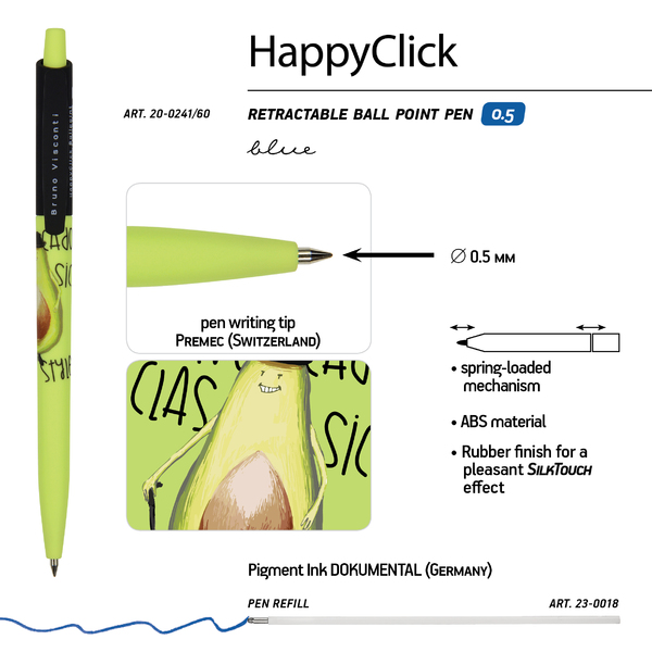 Ручка шариковая 0,5 мм "HappyClick. Avocado style. Classic" СИНЯЯ