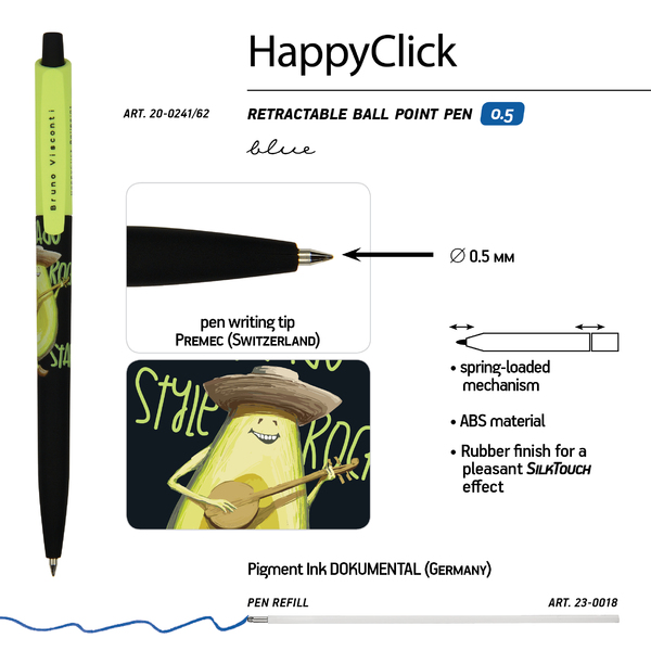 Ручка шариковая 0,5 мм "HappyClick. Avocado style. Rock star" СИНЯЯ
