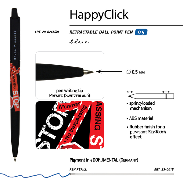 Ручка шариковая 0,5 мм "HappyClick. Keep away. Stop" СИНЯЯ