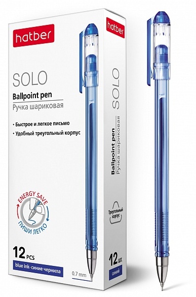 Ручка шариковая 0,7 мм Hatber Solo Синяя игольч.пишущ.узел чернила soft ink трехгран.корпус