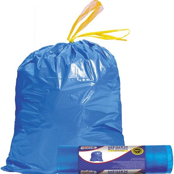 Мешки для мусора с завязками 60л/15шт. 14 мкм 60x70 см, ПНД, рулон, тип дна "звезда" синие, "CleanLa