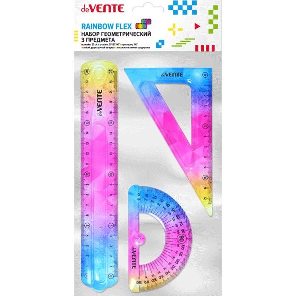 Набор геометрический "deVENTE. Rainbow Flex" малый, 3 предмета (линейка 20 см, угольник 30°/60°/90°,