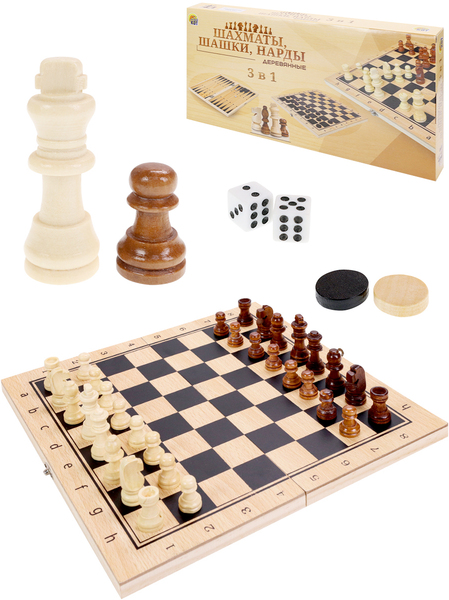 Игра 3 в 1 дерево (шахматы, шашки, нарды) (24х14.5х3 см) фигуры-дерево в коробке