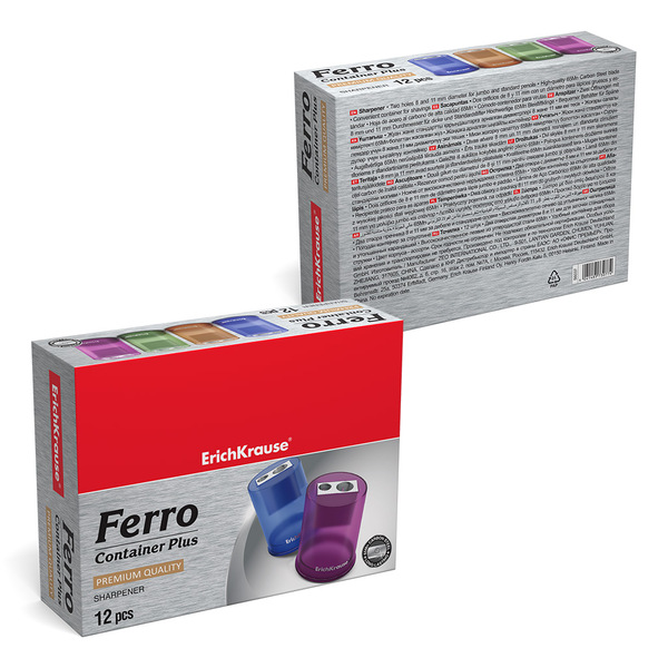 Точилка 2 отв. металлическая ErichKrause® Ferro Container Plus, с контейнером, цвет корпуса ассорти