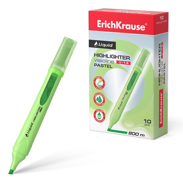 Маркер-текстовыделитель ErichKrause® Liquid Visioline V-14 Pastel, зеленый, жид.чернила