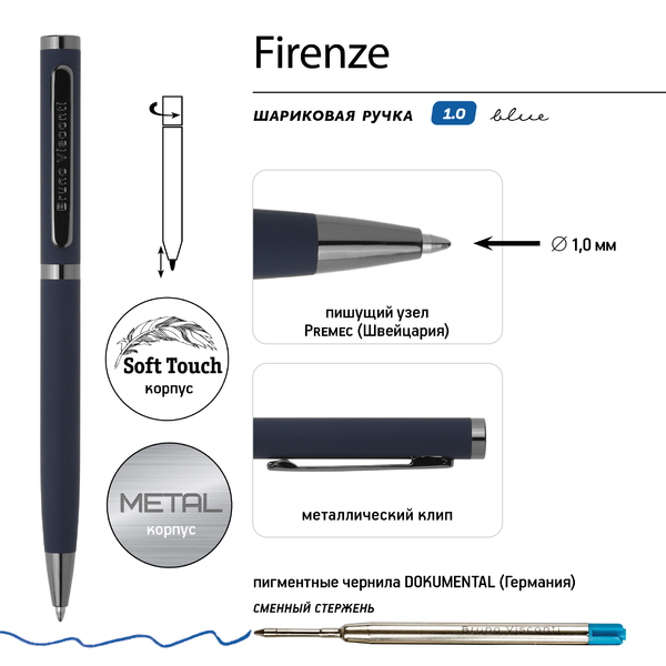 Ручка "FIRENZE" в тубусе круглой формы 1,0 мм, СИНЯЯ (корпус синий, футляр черный)