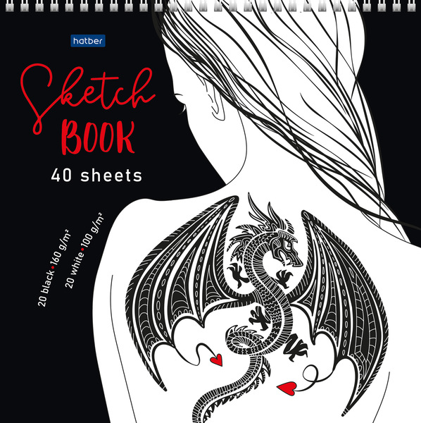 SketchBook 40 л. (20л. белый офсет100г+ 20л.черный офсет160г) 240х240мм на гребне-Девушка с татуиров