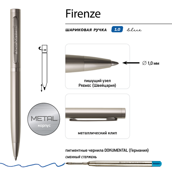 Ручка "FIRENZE" в тубусе круглой формы 1,0 мм, СИНЯЯ (корпус шампань, футляр белый)