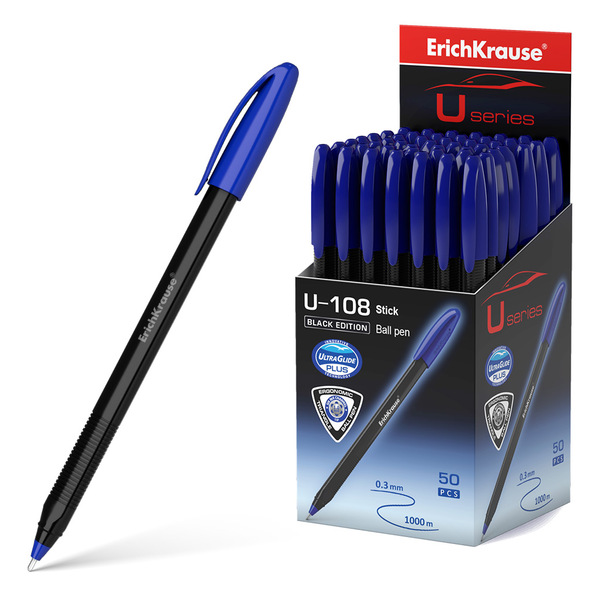 Ручка шариковая ErichKrause® U-108 Black Edition Stick 1.0, Ultra Glide Technology, синяя