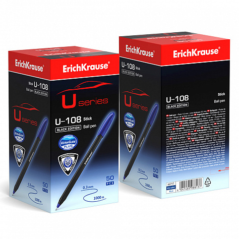 Ручка шариковая ErichKrause® U-108 Black Edition Stick 1.0, Ultra Glide Technology, синяя