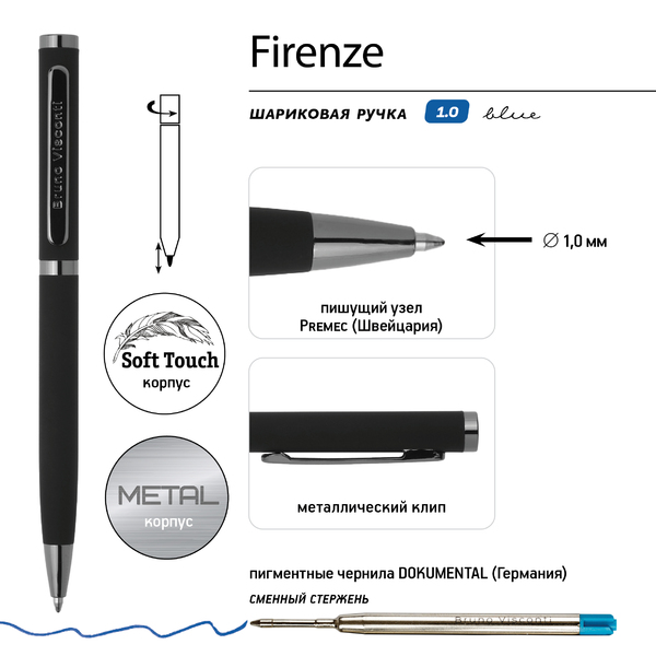 Ручка "FIRENZE" в метал. футляре 1.0 ММ, СИНЯЯ (корпус черный, футляр черный)