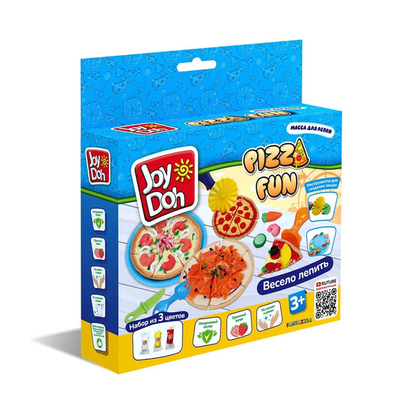 Масса для лепки Joy Doh, набор PIZZA FUN - ВЕСЕЛАЯ ПИЦЦА, нож для пиццы, 5 аксессуаров, 3 пакетика с