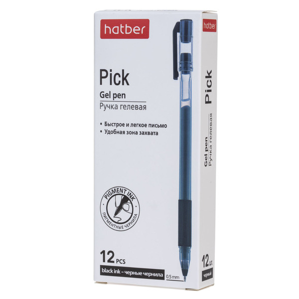 Ручка гелевая 0,5мм Hatber Pick Черная с резиновым грипом  12шт. в картонной коробке