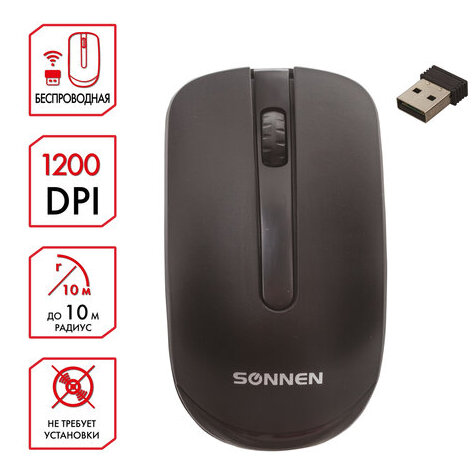 Мышь беспроводная SONNEN M-3032, USB, 1200 dpi, 2 кнопки + 1 колесо-кнопка, оптическая, черная