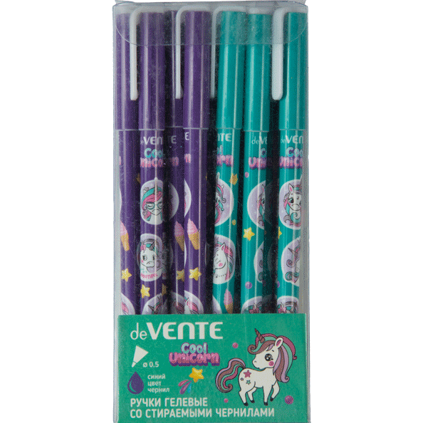 Ручка гелевая 0,5 мм стираемая "deVENTE. Unicorn" синяя, 2 дизайна корпуса ассорти, с ластиком, смен