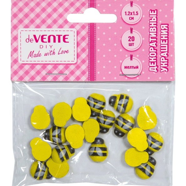 Декоративные украшения "deVENTE. Пчелки" деревянные, размер 12x15 мм, 20 шт, цвет желтый, в пластико