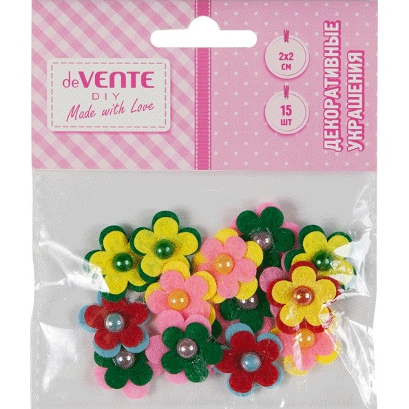 Декоративные украшения "deVENTE. Цветы с жемчужиной" тканевые, размер 20x20 мм, 15 шт, ассорти цвето