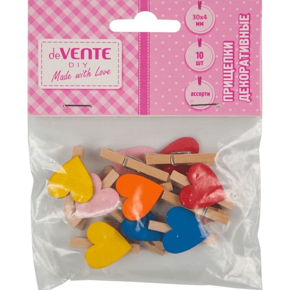 Прищепки декоративные "deVENTE. Hearts" деревянные, 30x4 мм, 10 шт, в пластиковом пакете с блистерны