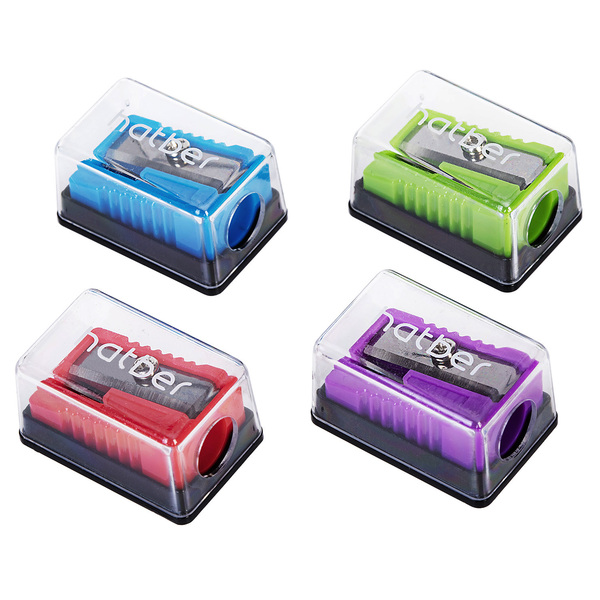 Точилка Hatber SCHOOL Пластиковая Цветная с контейнером-Ассорти- 4 цв. 24шт в картонной Дисплей-витр