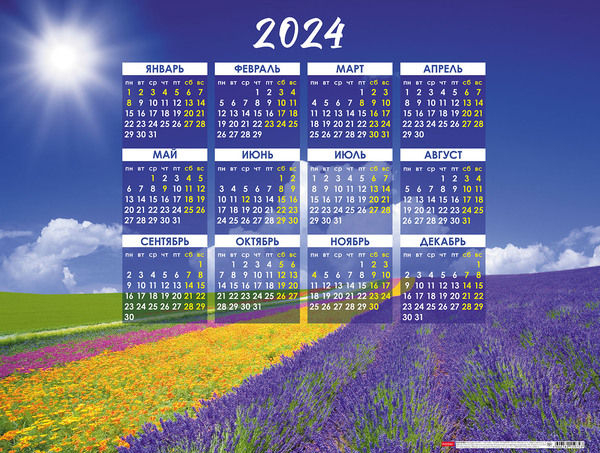 Календарь листовой 2024 А2 "Цветущее поле" 598х450мм бум. мелован. с укрупненной сеткой