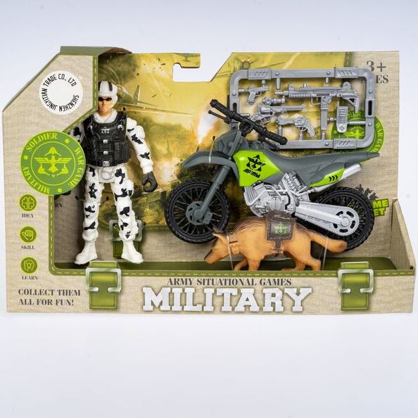 Игровой военный набор MILITARY (фигурки солдата и собаки, мотоцикл, доп. вооружение),