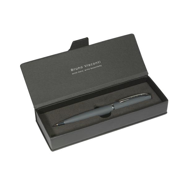 Ручка "SIENNA" в футляре из экокожи 1.0 ММ, СИНЯЯ (корпус серый, футляр черный)