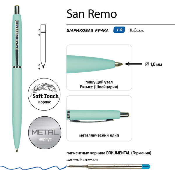 Ручка "SAN REMO" в метал. футляре 1.00 ММ, СИНЯЯ (корпус мятный, футляр черный)