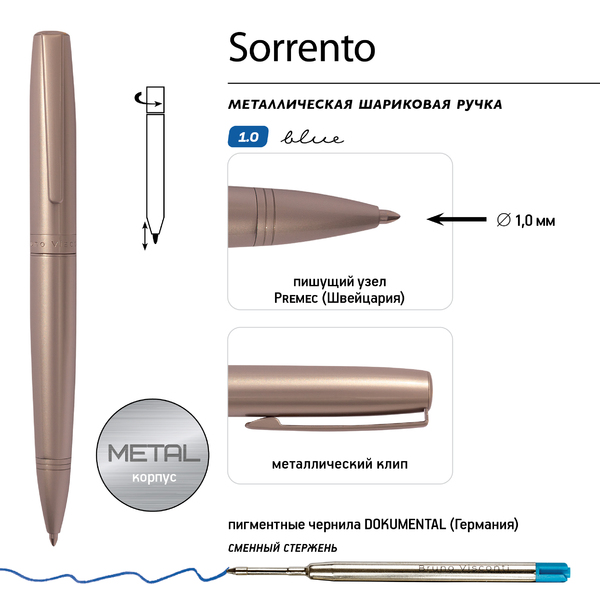 Ручка "SORRENTO" в футляре шарик. автомат.1.0 ММ, СИНЯЯ (корпус шампань метал, футляр черный) 
