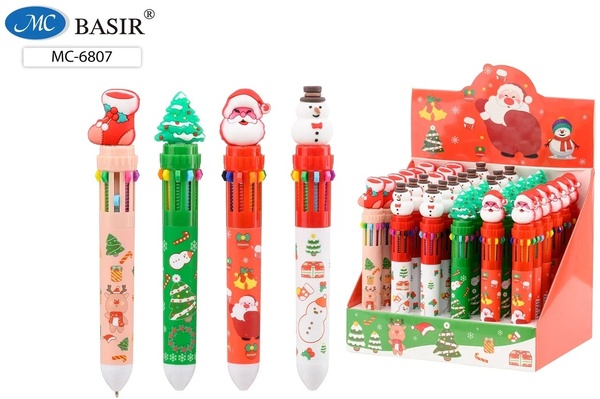 Ручка 10 цв. шарик. автомат "НОВОГОДНИЕ" /Дед Мороз, ёлка, сапог, снеговик, олененок/ цветной корпус