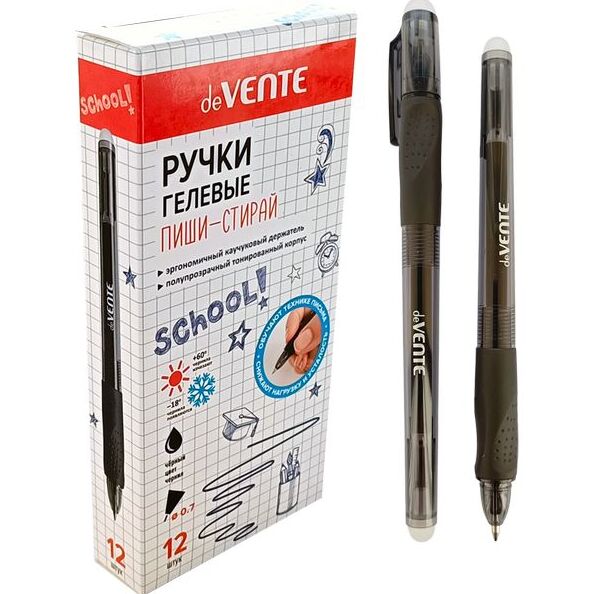 Ручка гелевая 0,7 мм стираемая deVENTE School, ЧЕРНАЯ с ластиком, полупрозрачный черный корпус