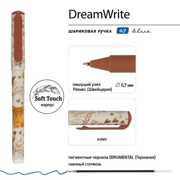 Ручка шариковая 0,7 мм "DreamWrite. Сказочный день" в тубусе Синие чернила, 3 вида 