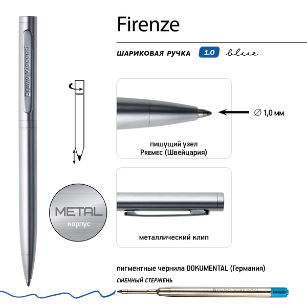 Ручка "FIRENZE" в тубусе прямоугольной формы 1.00 ММ, СИНЯЯ (корпус серебряный, футляр серый)