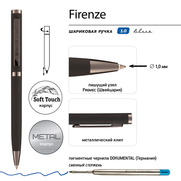 Ручка "FIRENZE" в тубусе прямоугольной формы 1.00 ММ, СИНЯЯ (корпус серый, футляр серый)