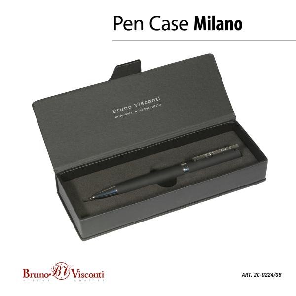 Ручка "MILANO" в футляре из экокожи 1.0 ММ, СИНЯЯ (корпус черный, футляр черный)