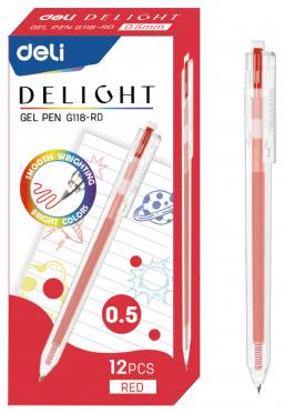 Ручка гелевая автомат. 0,5 мм Deli Deligh корп.прозрачный, чернила красн. 