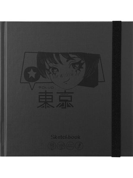 Скетчбук 165*165 мм 48 л. "АНИМЕ СТАЙЛ" 7БЦ, матовая ламинация, ляссе, лен, резинка