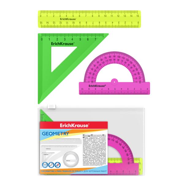 Набор геометрический малый ErichKrause Neon Solid (линейка, угольник, транспортир),пластиковый, асс
