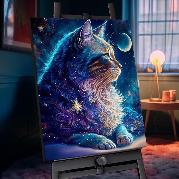 Картина по номерам 40*50 с кристаллами из хрусталя "КОСМИЧЕСКИЙ КОТ" (22 цвета)
